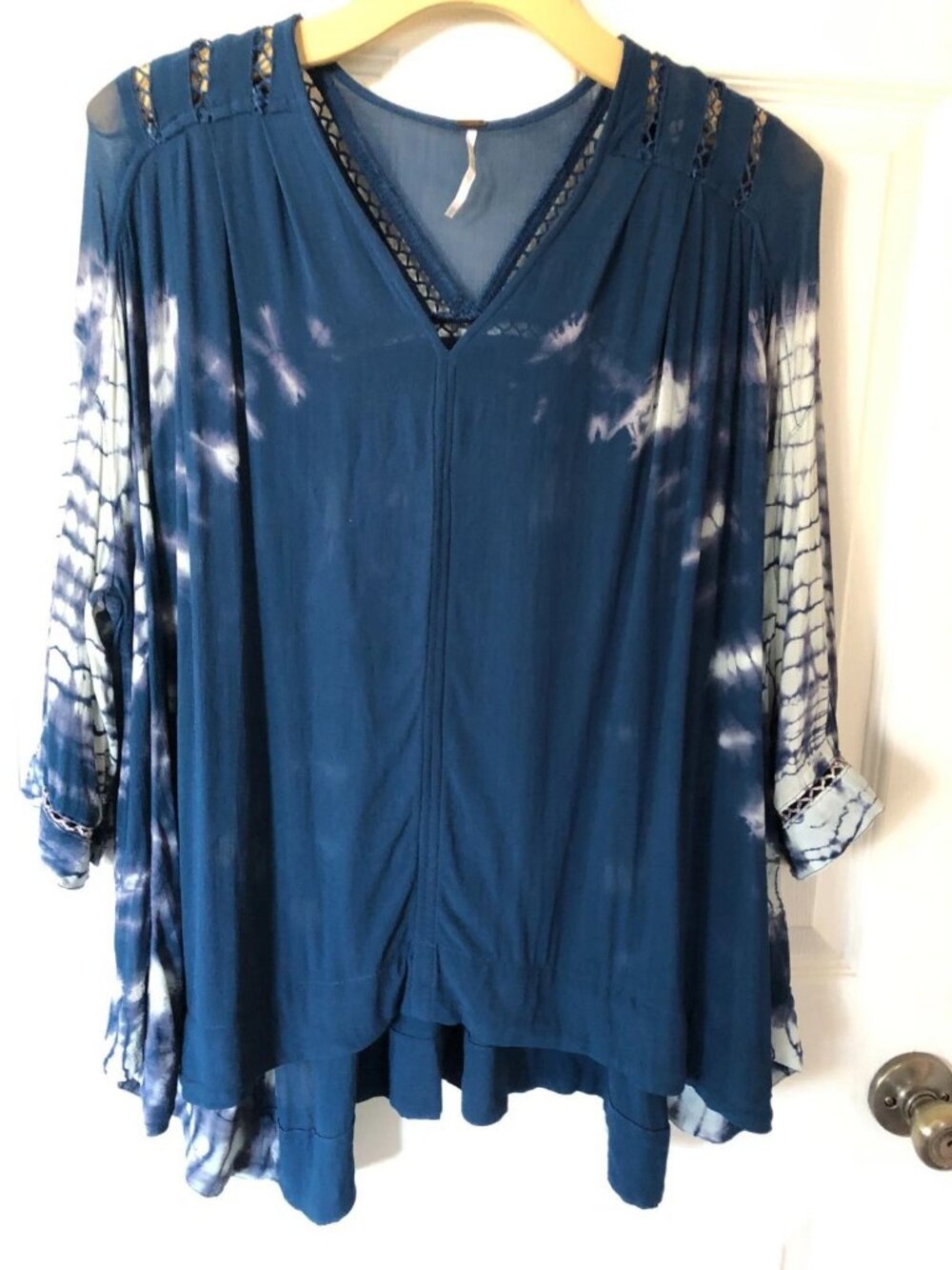Free People Tie Dye Me Down Top Navy Blue Sheer Dolman Sleeves Size XS